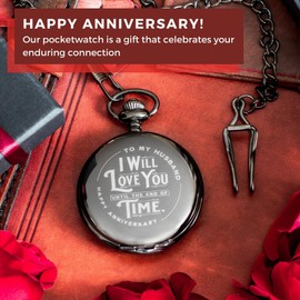 Engraved Wedding Anniversary Pocket Watch with Chain for Husband, a Classy Gift Set for Him with Elegant Gift Box, 1 Year Anniversary Gift Clock