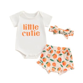 BSaogr Newborn Baby Girl Shorts Set Little Cutie Outfits Strawberry/Orange Short Sleeve Romper Frill Trim Shorts Headband, White, 6-12 Months