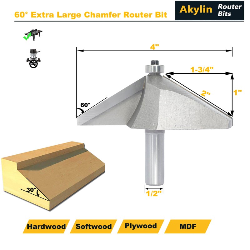 Akylin 60 Degree Extra Large Chamfer Router Bit,1/2" Shank,1-3/4" Cutting