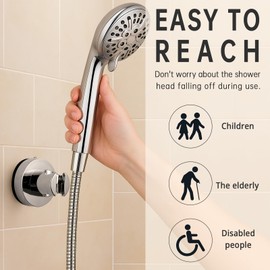 V-Frankness Shower Holder with Suction Cup, Removable No-Drill Wall Mount, Universal Bathroom Hose Bracket, Chrome​