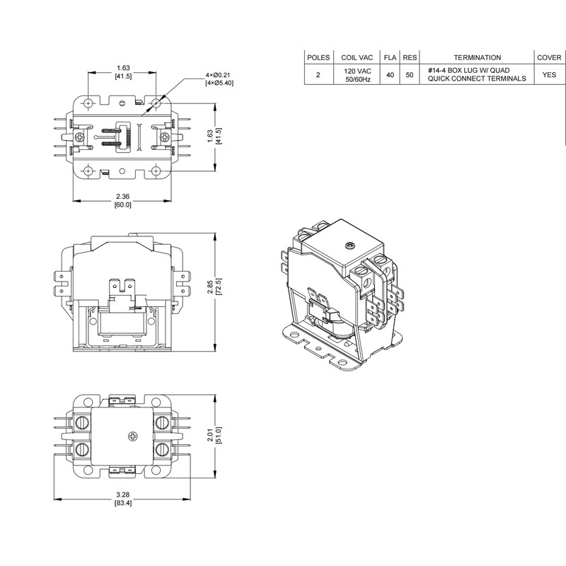 SunLee 2 Pole 40 Amp contactor 120v Coil UL 2