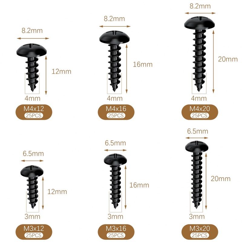150 PCS M3 M4 Black Round Head Self Tapping Screws