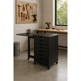 Jela Original Drop Leaf Roll Cart with Desk, Sold Wood, 7 Drawer Extra Wide Drawers Roll Carts, Medium Pine (Black)