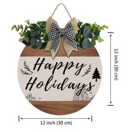 Aowotu Happy Holidays Door Wreath Sign Christmas Ornament Buffalo Plaid Natural Wood Christmas Ornament for Farmhouse Front Door Porch Wall Window Rustic Indoor Outdoor Bedroom Living Room 12x12 Inch