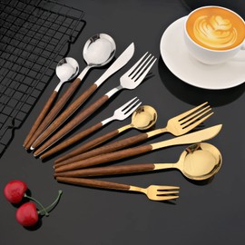 JASHII Wood Handle Flatware Set, 20 Pieces Stainless Steel Silverware Cutlery Set, Mirror Polished, Knife Fork Spoon Set, Dishwasher Safe - Pointed Head Silver