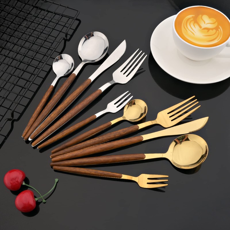 JASHII Wood Handle Flatware Set, 20 Pieces Stainless Steel Silverware