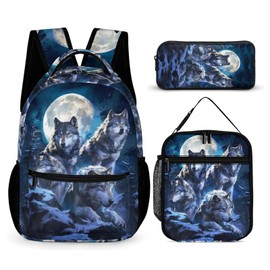 ZCJB-WSRY Wolf Backpack with Lunch Box & Pencil Case, 16 Inch Cute Wolf Themed Bookbag, Adjustable Lightweight Large Capacity, Colorful Backpack Set for Kids Girls Boys School