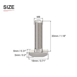 DTGN 5pcs M8x30mm DxL T-Bolt Screw T Rod Stud Slite Screw Bolts Inserts Construction Carbon Steel T Shape Silver Tone