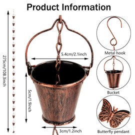 Rain Chain for Gutter with 1 Adapter,Wrought Iron Rain Chains 9 FT Set,Rain Chains for Outside with Rain Chain 16 Cup and Decorative Butterfly (Brown)