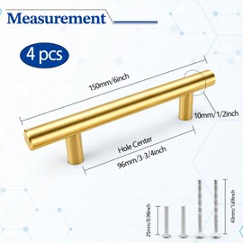 Qimoo 4 Pack Brushed Gold Cabinet Handles, 3-3/4 in Hole Center Kitchen Cabinet Pulls, Stainless Steel T Bar Door Handles for Cabinets and Drawers - 6 Length