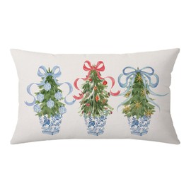 NUTEEN Chinoiserie Christmas Tree Blue Throw Pillow Covers 12x20 Inch Chinoiserie Winter Pillow Covers Hanukkah Pillow Covers Ginger Jar Check Bow Tree Pillow Covers for Holiday Home Decoration
