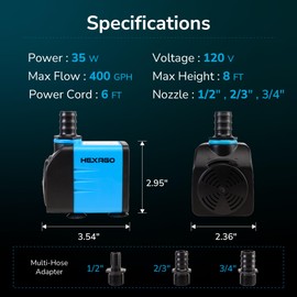 Hexago 400GPH Submersible Pump, Ultra Quiet Water Fountain Pumps with 8FT High Lift, 6FT Power Cord, 3 Nozzles, Durable Water Pump for Fish Tank, Pond Fountains, Aquarium, Statuary and Hydroponics