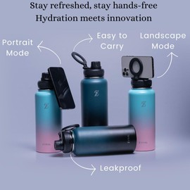 ZYRAL Insulated 32Oz/950ml Water Bottle with Magnetic Phone Holder. Premium Double Walled Stainless Steel Vacuum Flask Leakproof Spout Lid. Keeps Drink Hot 24hr & Cold 36hr, Gym, Sport & School