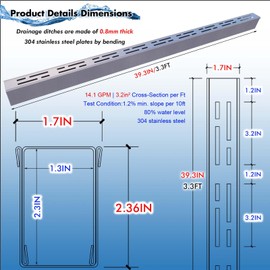 Pool Deck Drain 1.7-Inch Wide X 3.3-Feet Long,Silver Outdoor Deck Drainage System 304 Stainless Steel with Coupling,Channel Drain for Concrete/Paver/Patios/Walkways