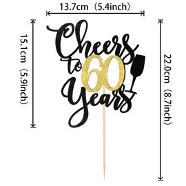 1 decoración para tartas de Cheers to 60 años, color negro y dorado con purpurina para 60 cumpleaños, 60 fabulosas decoraciones para tartas para 60 cumpleaños, aniversario, decoración de fiestas