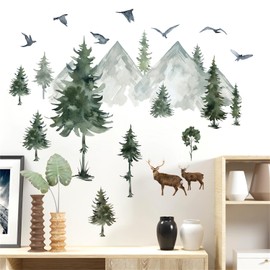 Watercolor Mountains Trees Birds Deers Wall Stickers, sacinora DIY Art Wall Decals Removable Vinyl Peel and Stick for Living Room Children's Room Bedroom Sofa TV Background Decorations