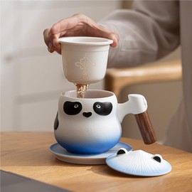 HOLLIHI Chinese Panda Porcelain Tea Cup with Infuser Lid and Saucer Tea Mugs Wooden Handle 11oz, Ceramics ffee Mug Teacup Loose Leaf Tea Brewing Syem for Home Office (03-Blue)