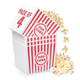 kedudes Popcorn Boxes Plastic Reusable - Grease-Proof Leak-Resistant - Red/White Popcorn Design - Popcorn Buckets - 10x8.5x8.5 inch - Rectangular Wide - 4 pack