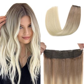 XDhair Wire Hair Extensions Human Hair 70g 14 Inch Ombre Light Brown to Ash Blonde Fish Wire Hair Extensions Invisible Straight 14 Inch #8T60