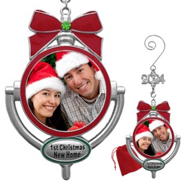 First Christmas in Our New Home Photo Ornament - 2024 Dated - Decorative Door Knocker Style - Red Bow Silver Metal with Decorative S-Hook - Gift/Storage Bag Included
