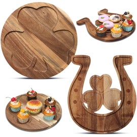 Pickmesh 2 Pcs St. Patrick's Day Plate Acacia Wooden Shamrock Cutting Board Serving Tray dish Platter Charcuterie Board for Cookies Fruits, Saint Patricks Day Decorations Party Supplies