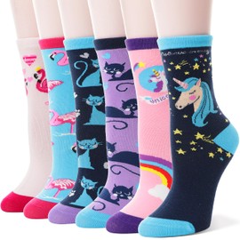 Kids Girls Cotton Socks Gift Soft Novelty Socks Cute Unicorn Pattern 6 Pairs (Animal Unicorn F, 5-8 Y)