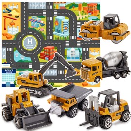 HERSITY Toy Cars Metal Construction Vehicles Digger Truck Construction Vehicles Set with Play Mat Mini Cars for Children Boys from 3 Years 6 Pieces
