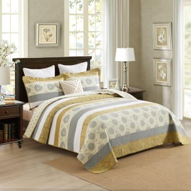 Homzard Quilt King Size-Comforter King Quilt Bedding Set,Mustard Yellow Beige Grey All Cotton Quilted Bedspread,Striped Floral Pattern Bedding Set,Lightweight Reversible 3 Piece,All Seasons