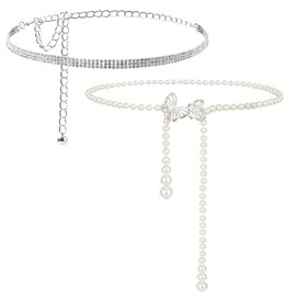 2 Adjustable Waist Chains for Women 112 cm Silver Rhinestone Chain Belt + 110 cm Pearl Butterfly Waist Belt Glitter Belt Women's Belt Fashion Waist Belt for Evening Dress Dresses