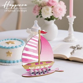Christening Gifts for Girls, Money Gift for Christening - Wooden Boat with Base, Original Christening Gift Christening Decoration for Girls (Pink)