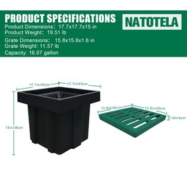 Natotela Catch Basin with Fiber Glass Grate-18x18x15 in. Large Catch Basin for Drainage with Debris Basket,French Drain Catch Basin Without Reserved Hole for Yard,Downspout,Lawn,Municipal Pipeline