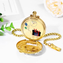 JewelryWe Father's Day Gift Pocket Watch Men's Retro Royal Flush / Compass / Flowers / Bell / Motorcycle Chain Watch Analogue Quartz Watch Pendant with Necklace Chain Bronze Gift for Men, gold,