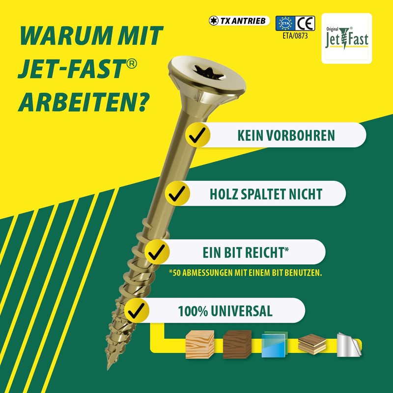 Jet-Fast Original Universal screws, Duo-countersunk head, self-drill bit, gold, 11404x40n