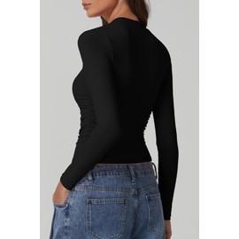 QINSEN Woman's Square Neck Long Sleeve Basic Tops Double Lined Going Out Crop Top T Shirts Black L
