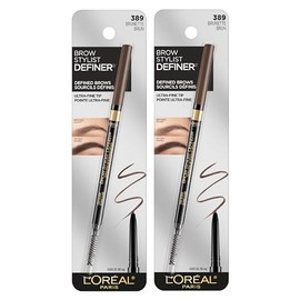 L'Oréal Paris Maquillaje Delineador de cejas impermeable Lápiz de cejas, lápiz mecánico ultrafino, dibuja pequeños pelos de cejas y rellena en áreas escasas y con huecos, Castaño, 2 unidades