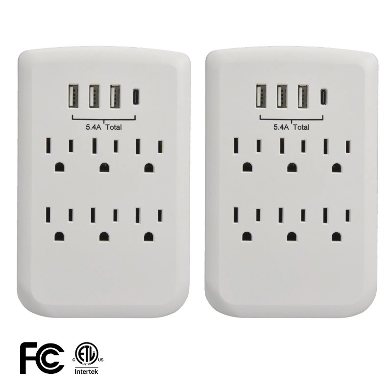 Clear Power CP (2 Pack): 6-outlet Wall-Tap w/ 3-Port USB-A