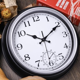 JoFomp Large Waterproof Outdoor Clock with Thermometer Combo - 12 inch Silent Non Ticking Quartz Battery Operated Wall Clock for Patio, Home, Pool, Garden, Porch, Deck (Silver, 12 Inch)