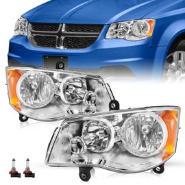 TUSDAR Headlight Assembly Set for 2008-2016 Chrysler Town & Country / 2011-2020 Dodge Grand Caravan Headlamp Driver and Passenger Side Chrome Housing & Amber Reflector Bulbs Included
