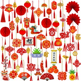 Winlyn 166 Pcs Chinese New Year Decorations Chinese Hanging Good Luck Ornaments Red Lanterns Festive Tree Ornaments Paper Fans for Asian Chinese Lunar New Year 2025 Year of The Snake Party Decor