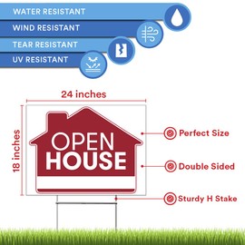 Open House Real Estate Signs – [Upgraded] 5 Double Sided Red Property Yard Sign Bulk Pack & 5 Heavy Duty Rust Free H Wire Stakes – Large Directional Arrows - 18”x 24” Realtor Agent Supplies