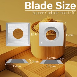 15mm Square Carbide Inserts Cutters Knives Blades with Radius 15×15×2.5mm-R150-30°for Woodworking Spiral/Helical Planer Cutter Head or Lathe Turning 10pcs