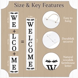 Interchangeable Welcome Sign for Front Porch, 47 X 7.9 Inch Replaceable Wood Welcome Sign with 16 Interchangeable Farmhouse Seasonal Welcome Sign Decor for Fall Christmas