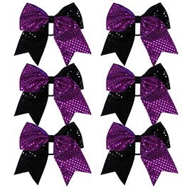 8 Inch 2 Color Cheer Bows Cheerleader Ponytail Holder with Bling Fling Sequin Hair Tie Cheerleading Bows 6 Pcs (Purple/Black)