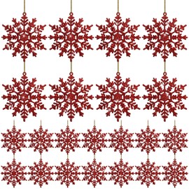 Vertintong 48 Pcs Burgundy Christmas Glitter Snowflake Ornaments Hanging Plastic Glitter Snowflake Christmas Tree Decorations for Xmas Winter Home Garland Holiday Decoration