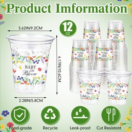 Jingmore 100 Pcs Flower Plastic Cups 12 oz Floral Wildflowers Disposable Clear Drinking Cups Bulk for Summer Spring Wedding Baby Shower Birthday Party Decorations Supplies(Baby in Bloom,Colorful)