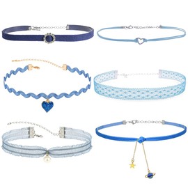 6PC Color Chokers Set For Women Heart Pearl Choker Necklaces Flower Pendant Velvet Cute Choker Necklace Classic Tattoo Lace Chokers (Blue)