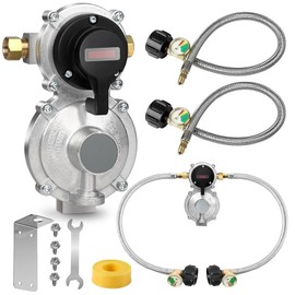 Rv Propane Regulator 2 Tank Hoses, LP Gas Regulator 2-Stage Auto Changeover Kit, Dual Tank Hoses with Propane Tank Gauge, Two-Cylinder Connection Setup for Camper & Trailer Gas Systems.