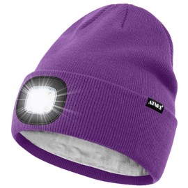 ATNKE LED Lighted Beanie Hat,USB Rechargeable 4 LED Running Headlamp Lined Fleece Cap with Light Gift for Men and Women/#Inner Purple