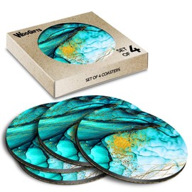 4 x Round Coasters - Teal Green Blue Ink Effect Marble Cork Backed MDF Glossy Tea Coffee Accessory #53473