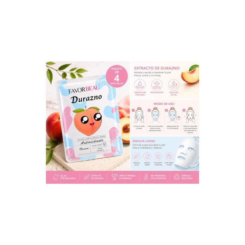 Mascarillas Faciales de Tela con Extracto de Durazno 25 ml